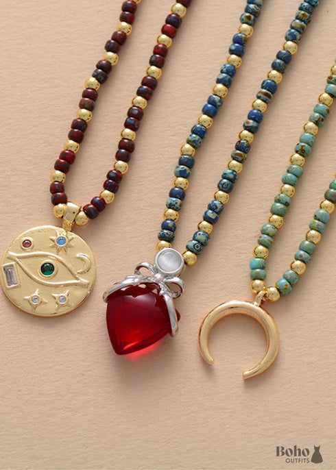 Boho Necklace, Seed Beads Gold Horn Evil Eye Heart Pendant